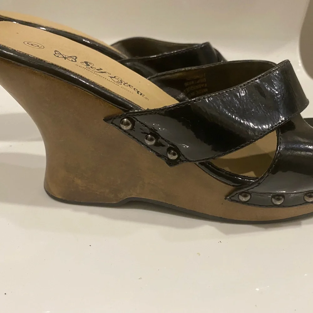 Self Esteem Black Patent Open Toe Wedge